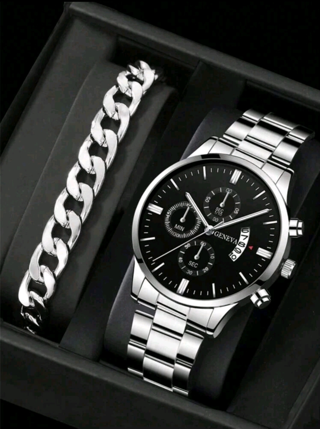 RELOJ PLATEADO CON PULSERA DE ACERO INOXIDABLE AMBOS R28